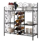 Kings Brand Furniture 12-Bottle Black Metal Console Table Wine Rack with Gold Leaf Accents and Glass Hooks thumbnail 3