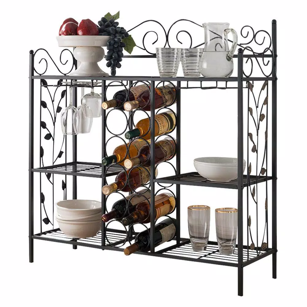 Kings Brand Furniture 12-Bottle Black Metal Console Table Wine Rack with Gold Leaf Accents and Glass Hooks