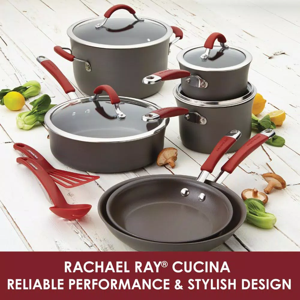 Rachael Ray Cucina 11 in. Hard-Anodized Aluminum Nonstick Square Grill Pan, Cranberry Red and Gray