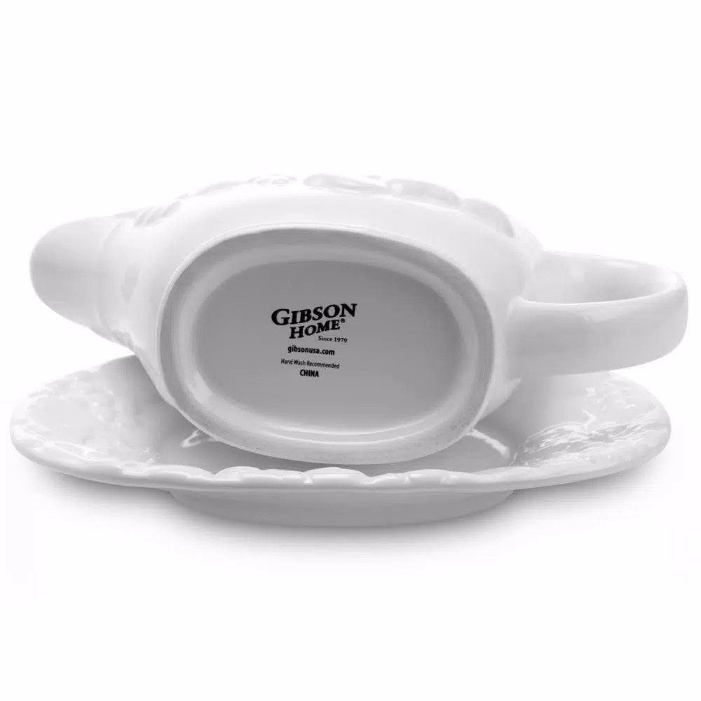 Gibson Home Fruitful 8 in. White Durastone Gravy Boat with Saucer