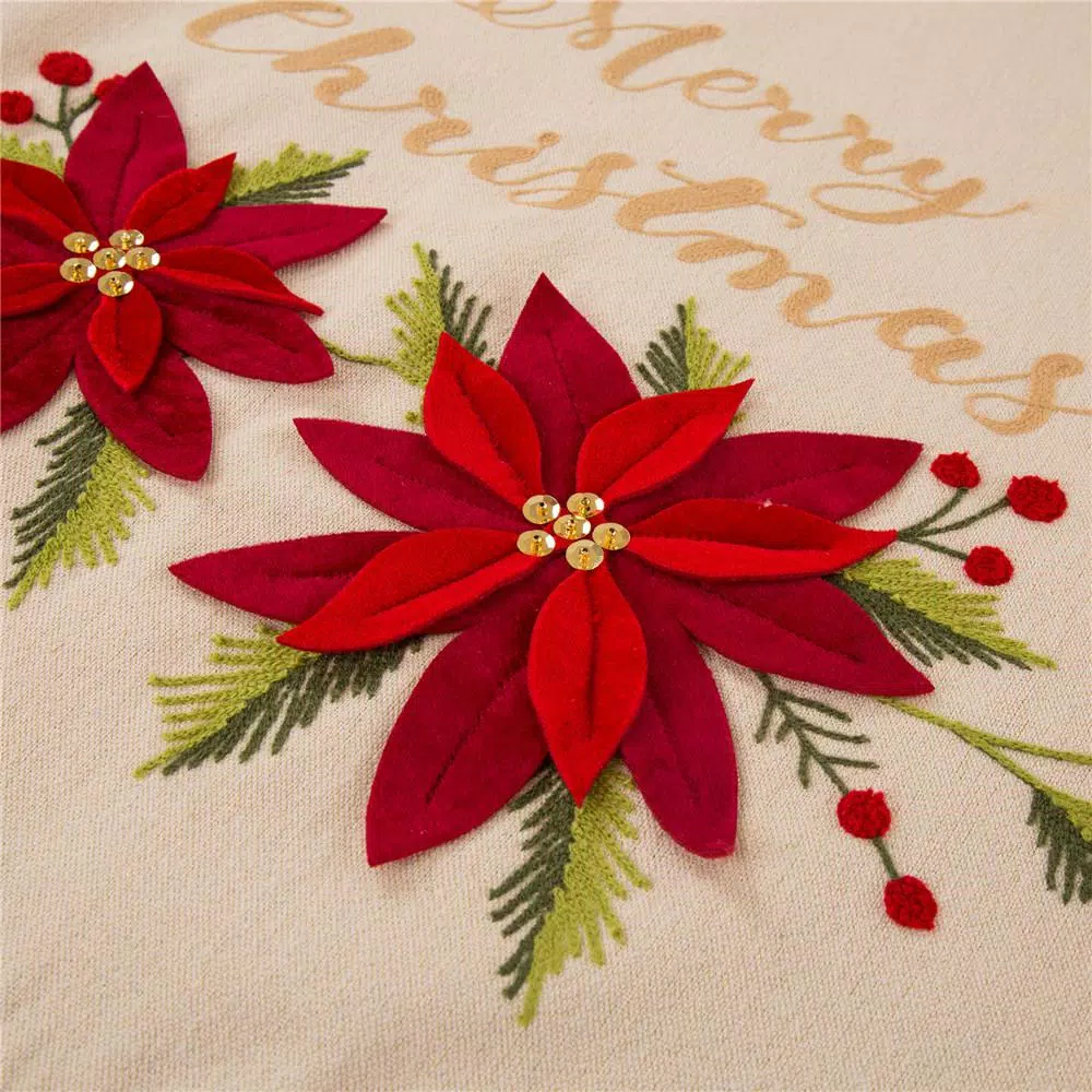 Glitzhome 48 in. Poinsettia Fabric Christmas Tree Skirt with Holly and Red Berries