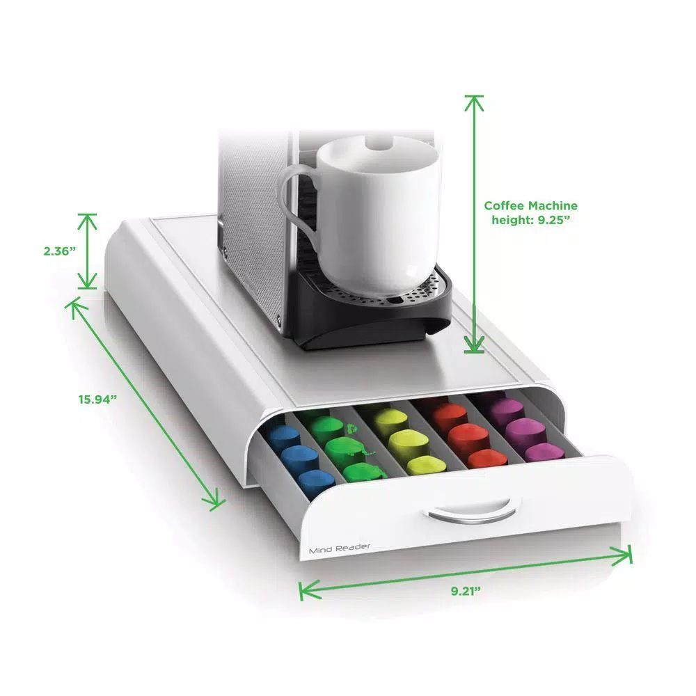 Mind Reader Anchor White Nespresso Coffee Capsule Drawer, 50-Capacity Pod Organizer & Machine Stand