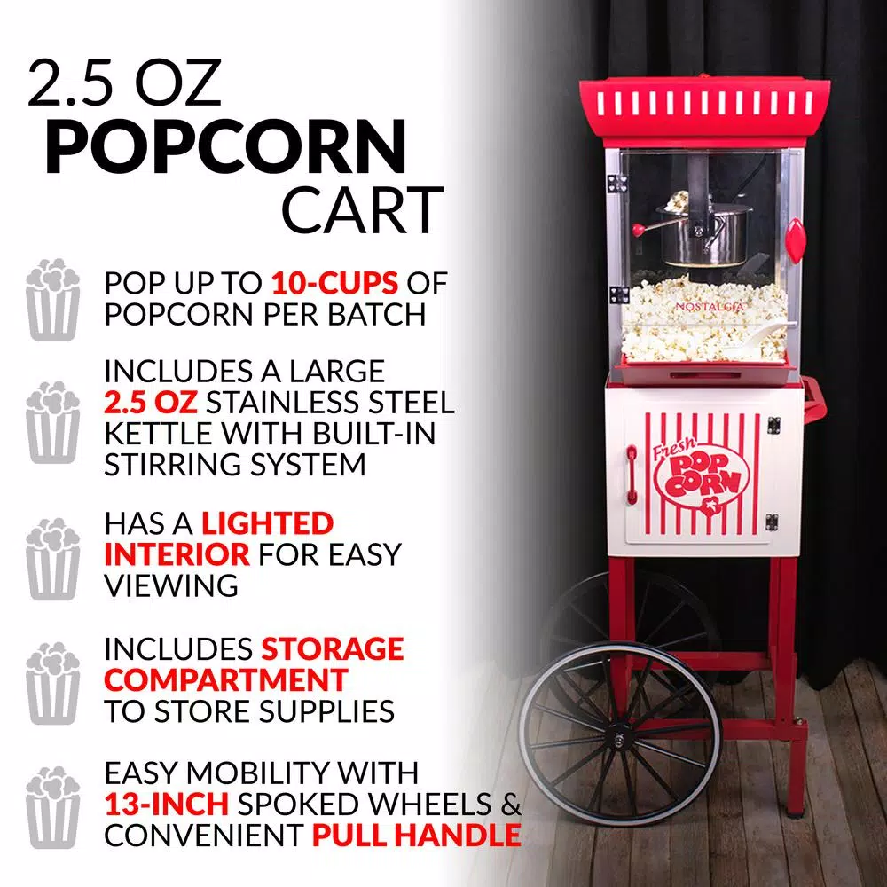 Nostalgia Red Classic Nostalgia Hot Air Popcorn Cart, 380W, 2.5 oz. Kettle with Easy Mobility