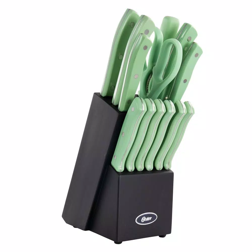 Oster Evansville 14-Piece Stainless Steel Knife Set with Hardwood Block in Turquoise