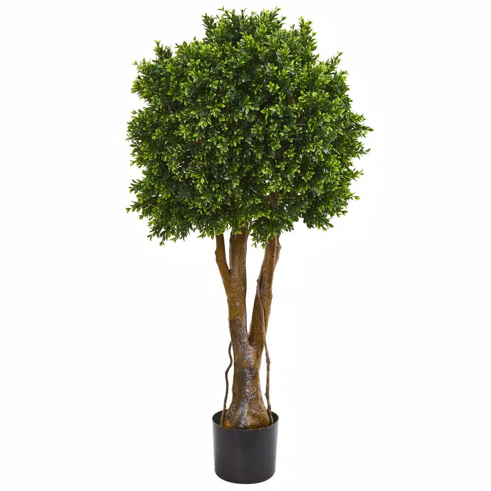 Nearly Natural 46 in. Artificial Boxwood Topiary Tree, UV Resistant Indoor/Outdoor Silk Plant with Planter