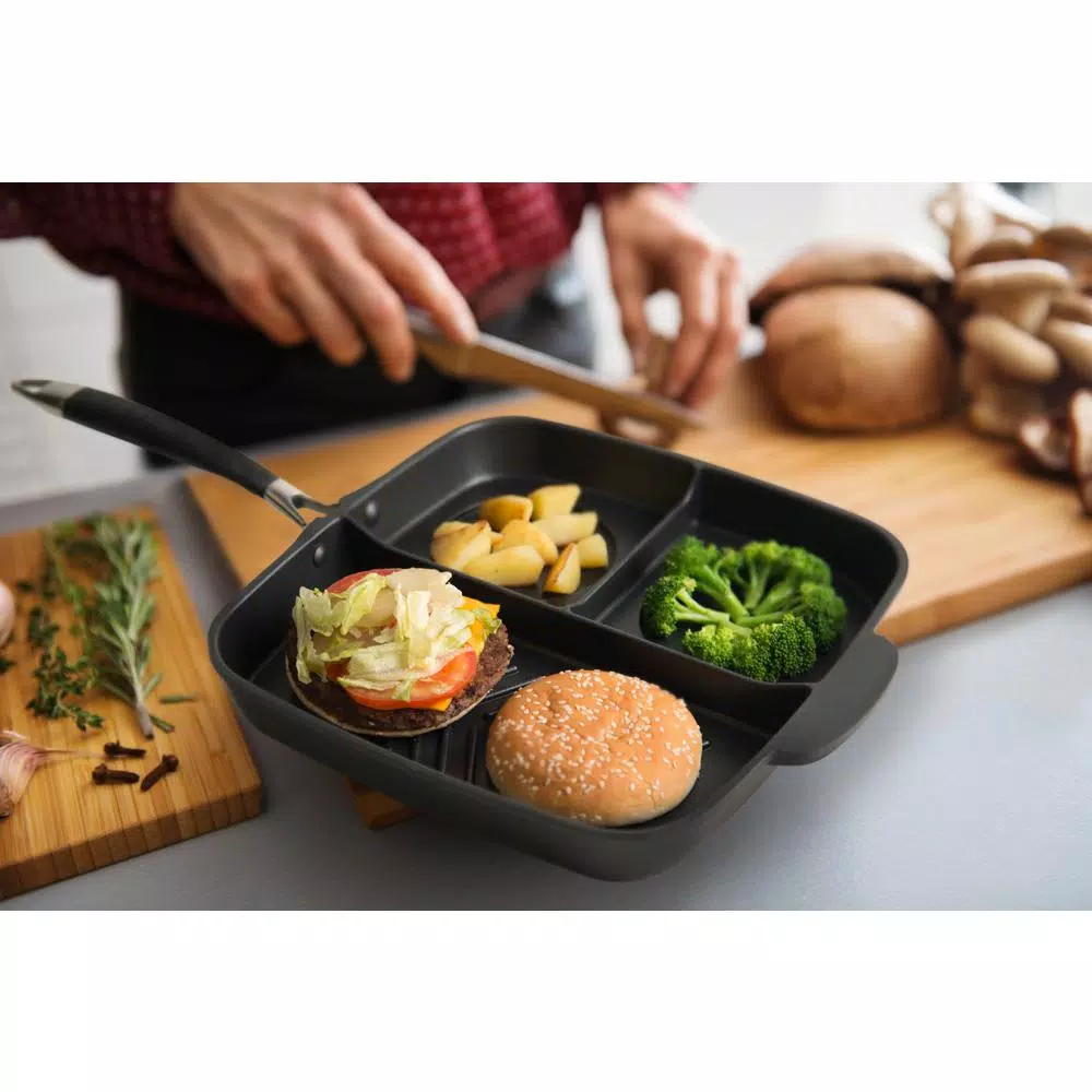 MasterPan3 11 in. Cast Aluminum 3-Compartment Nonstick Skillet, Black