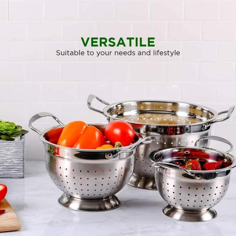 Ovente 3-Piece Stainless Steel Colander Set - 1.5qt, 3qt, 5qt - Dishwasher Safe
