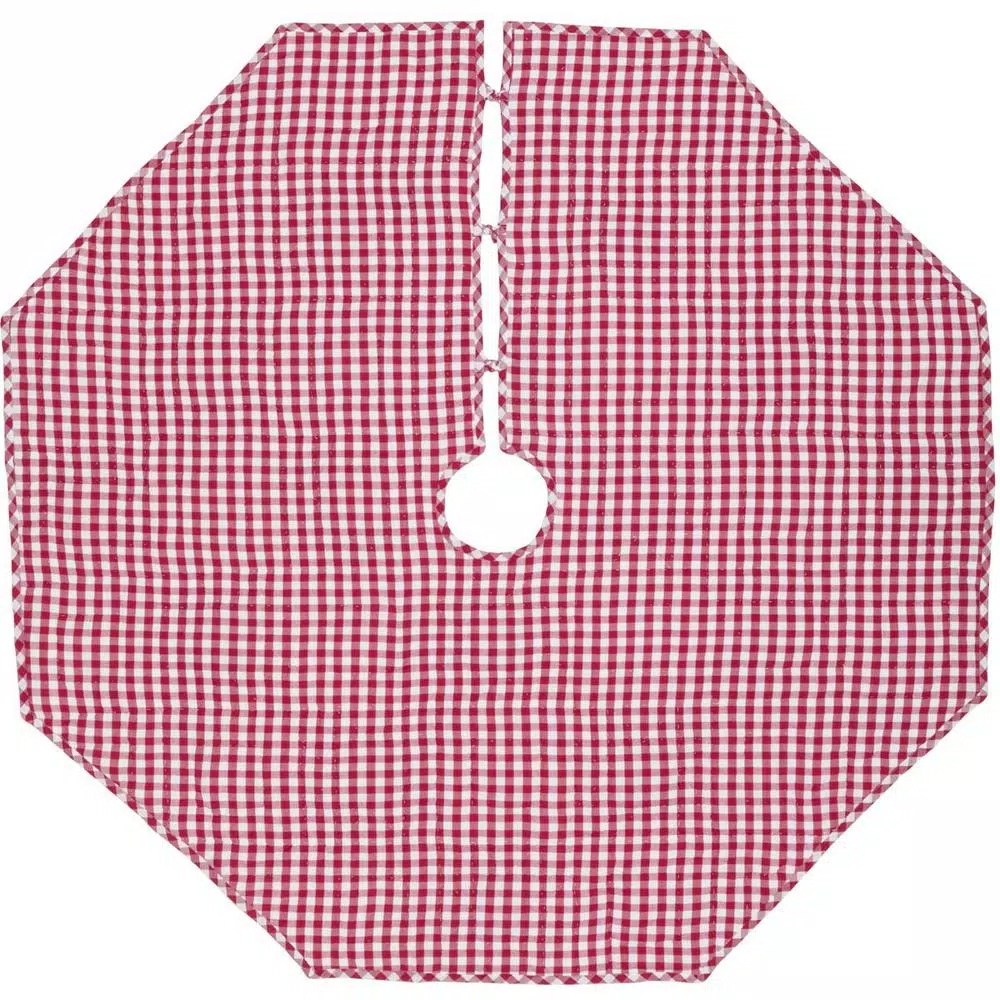 VHC Brands Emmie Red Patchwork Christmas Tree Skirt, 55 in. Hand-Quilted Cotton Farmhouse Decor