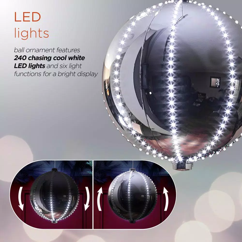Alpine Corporation 13 in. Large Silver Hanging Christmas Ball Ornament with 240 LED Lights