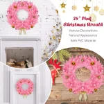 Costway 24 in. Pink Artificial PVC Christmas Wreath with Ornament Balls and Golden Bow thumbnail 5