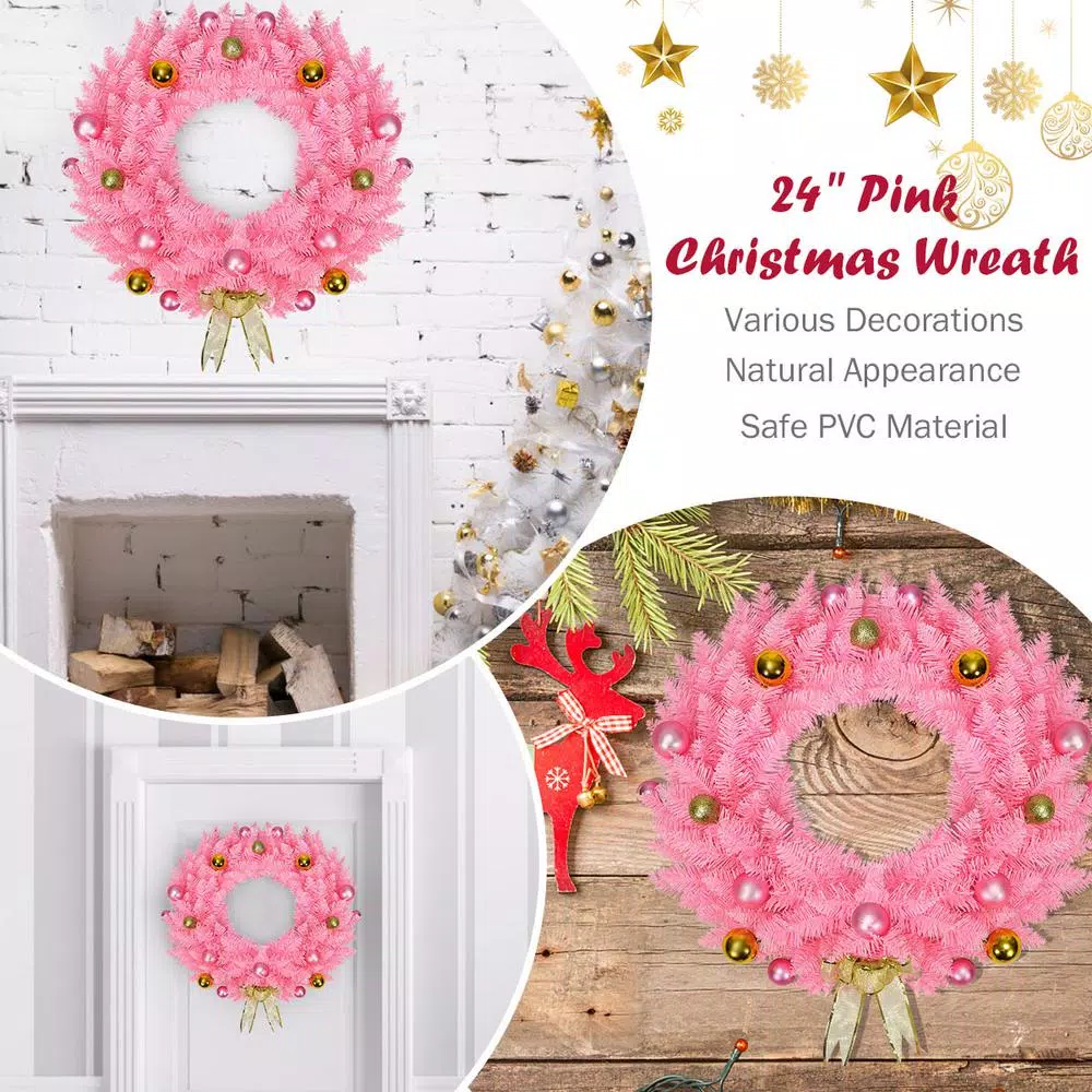Costway 24 in. Pink Artificial PVC Christmas Wreath with Ornament Balls and Golden Bow