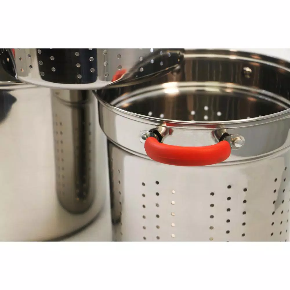 ExcelSteel 12 Qt. Stainless Steel Multi-Cooker Pasta Pot Set with Steamer Insert and Red Silicone Handles