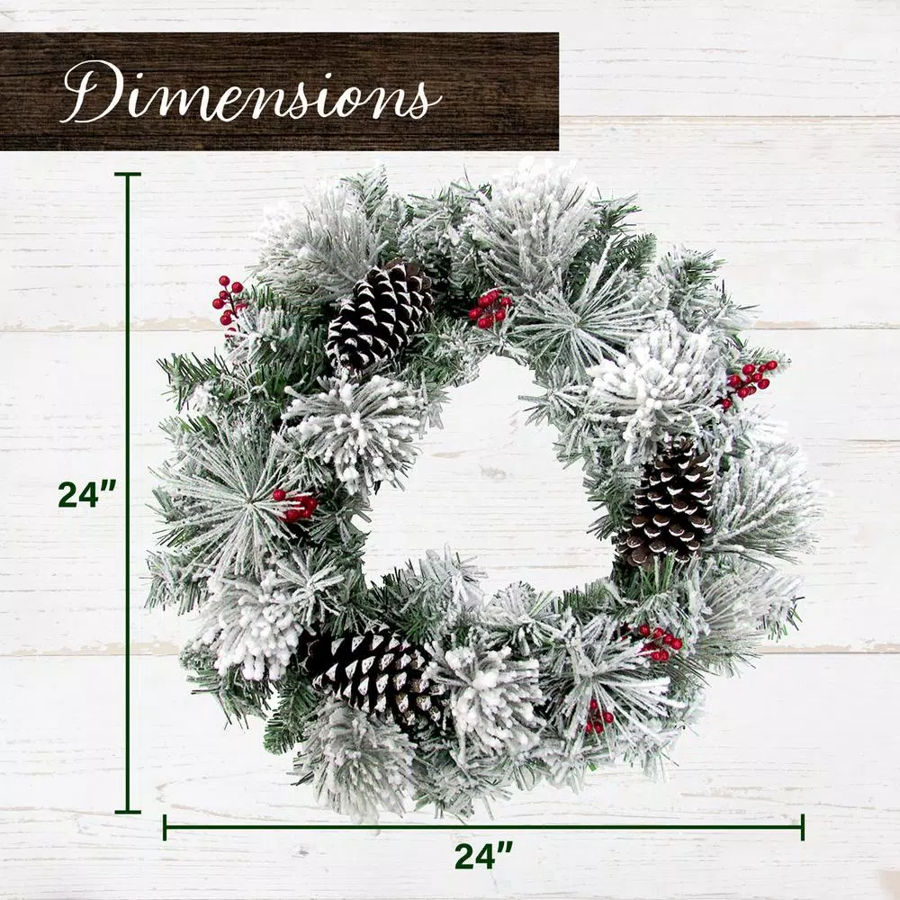 Fraser Hill Farm 24 in. Artificial Christmas Wreath with Snow Flocking, Pinecones, and Red Berries