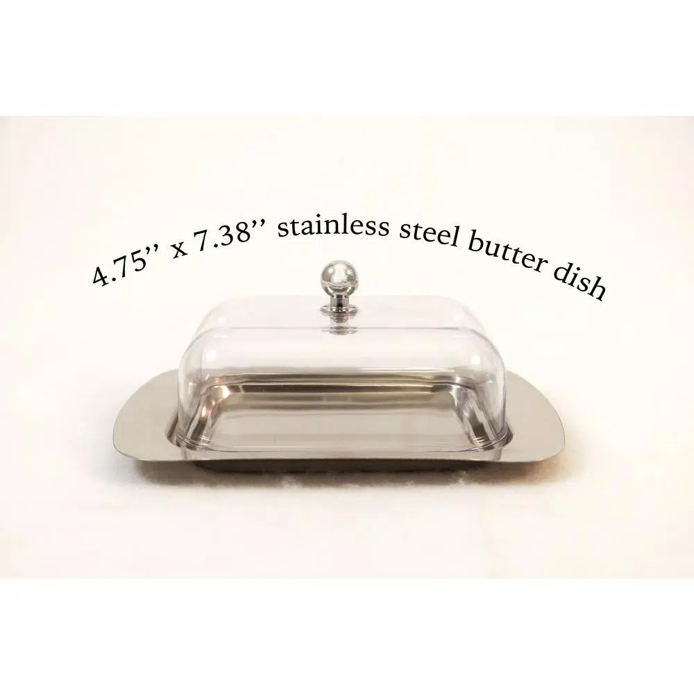 ExcelSteel Stainless Steel Butter Dish with Clear Plastic Cover and Chrome Knob