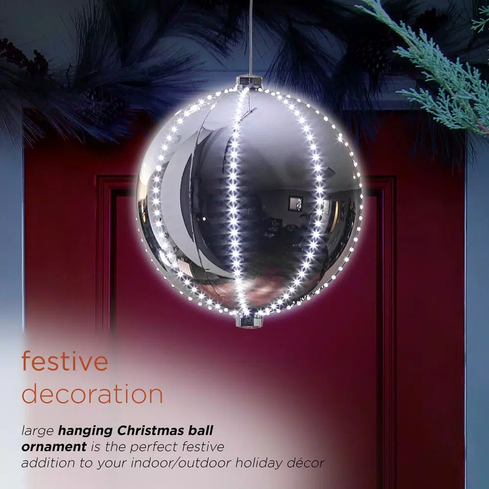 Alpine Corporation 13 in. Large Silver Hanging Christmas Ball Ornament with 240 LED Lights
