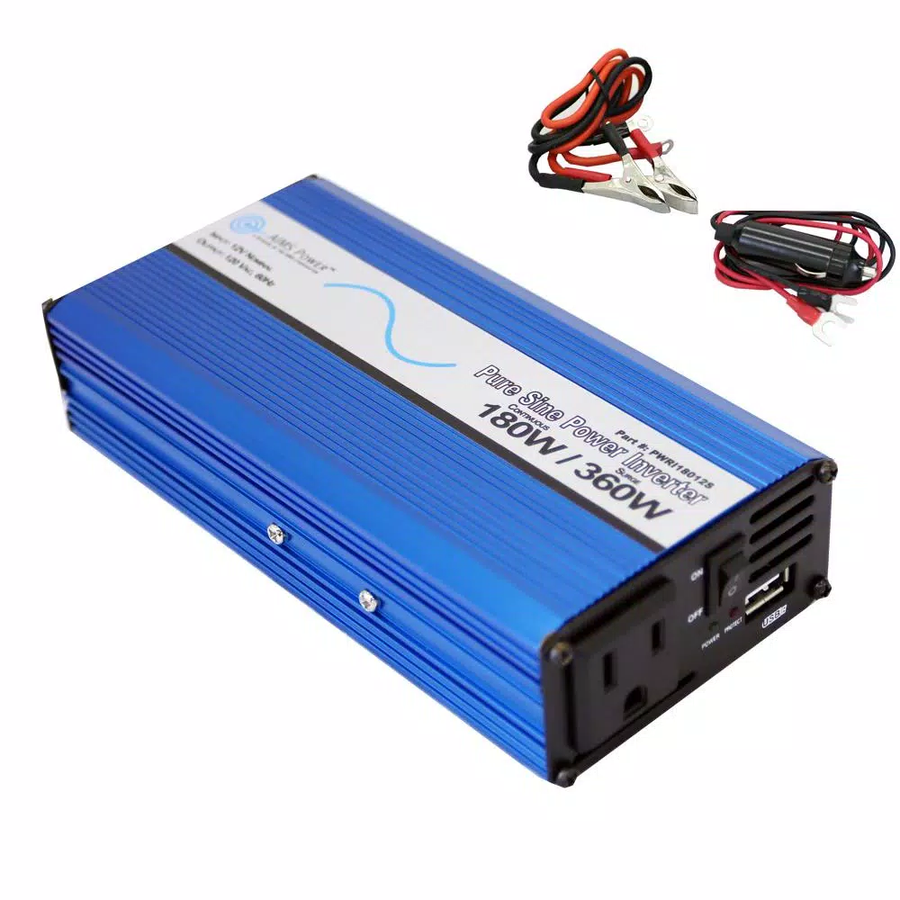 AIMS Power 180W Pure Sine Wave Power Inverter, 12V DC to 120V AC with USB Port