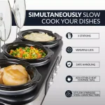 HomeCraft 3-Station Stainless Steel Slow Cooker Buffet with 3 Removable 1.5 qt. Ceramic Pots thumbnail 3