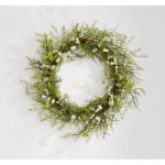 Unbranded 20 in. White Heather and Green Leaves Silk Wreath with White Berries thumbnail 1