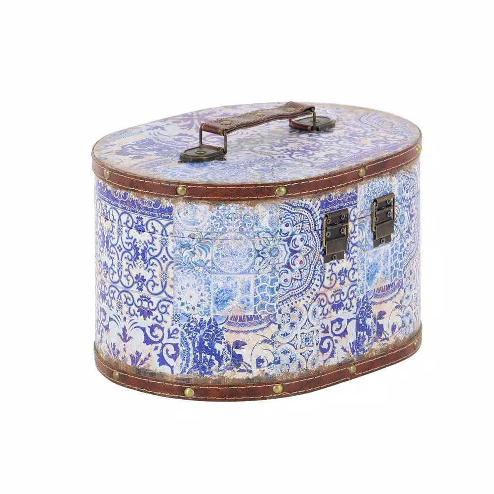 LITTON LANE Vintage Oval Wood and Faux Leather Case-Style Storage Boxes with Lids (Set of 2)