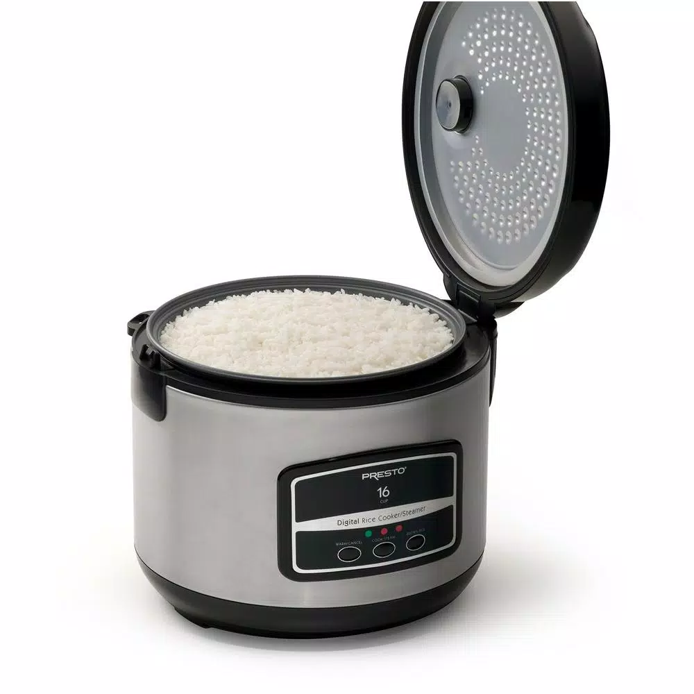 Presto 16-Cup Stainless Steel Rice Cooker with Non-Stick Pot and Steaming Basket