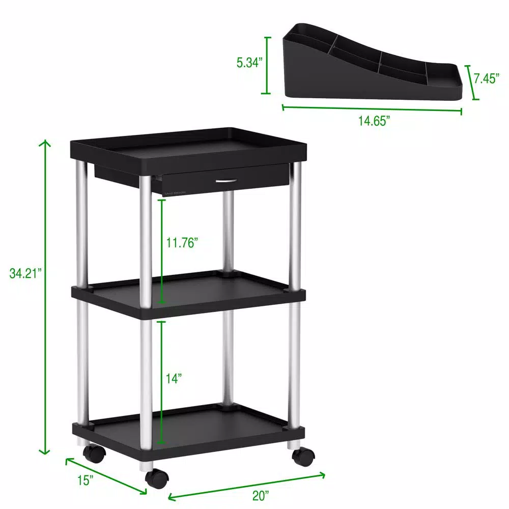 Mind Reader 3-Tier 7-Compartment Rolling Black Coffee Cart with Storage Drawer
