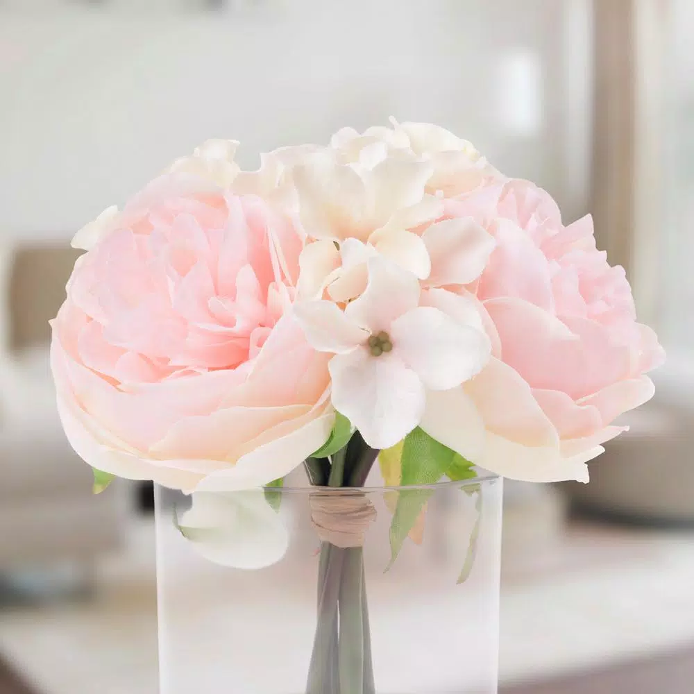 Pure Garden 7.5 in. Pink and Cream Hydrangea and Rose Floral Arrangement in Glass Vase
