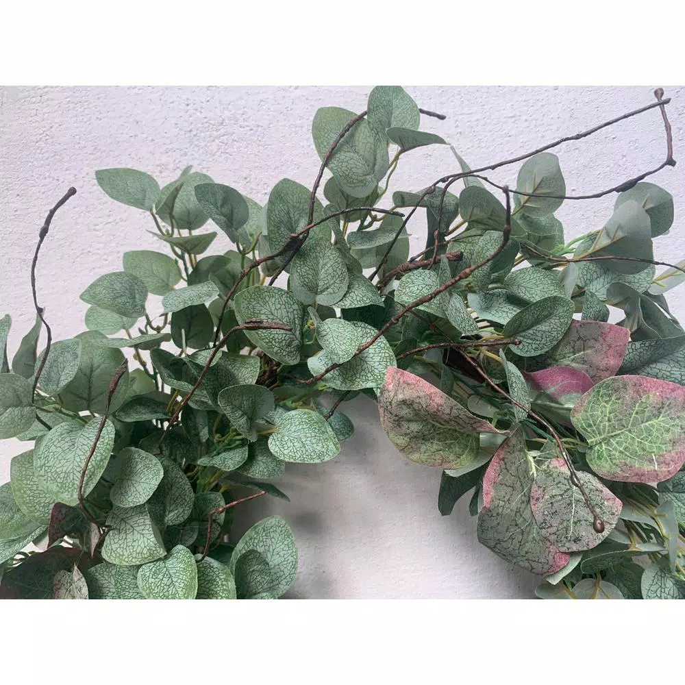 Glitzhome 24 in. Green Artificial Eucalyptus Wreath with Frosted Leaves and Grapevine Base