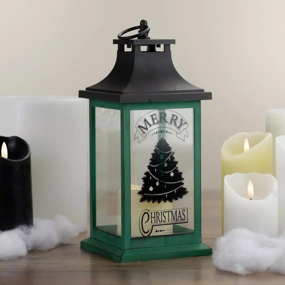 Northlight 12.5 in. Green and Black Christmas Tree Tabletop Lantern with LED Candle