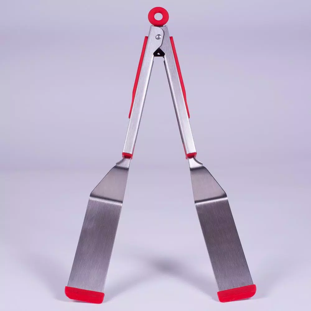 Chefright QuickScoop Brushed Stainless Steel Spatula Tongs with Silicone Edge, Red (Set of 2)