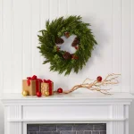 Nearly Natural 26 in. Artificial Cypress Wreath with Red Berries and Pine Cones thumbnail 3