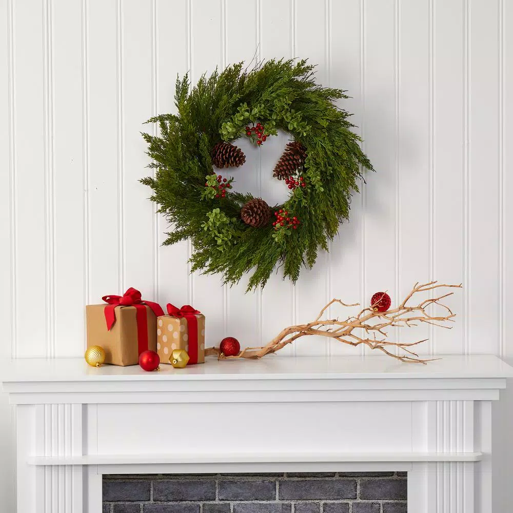 Nearly Natural 26 in. Artificial Cypress Wreath with Red Berries and Pine Cones