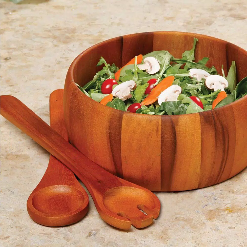 Gibson Home Laroda 3-Piece Acacia Wood Salad Bowl Set with Serving Fork and Spoon