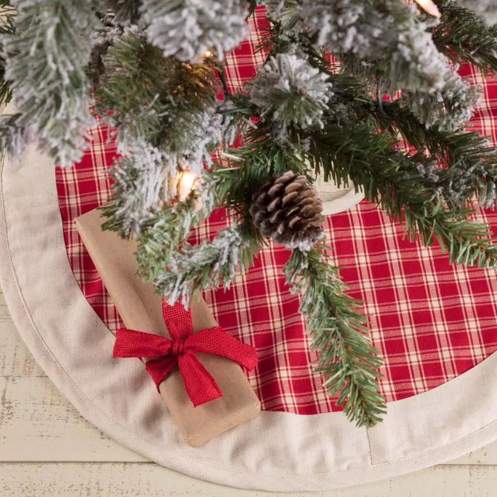 VHC Brands 21 in. Red Plaid Christmas Farmhouse Tree Skirt with Flannel Lining