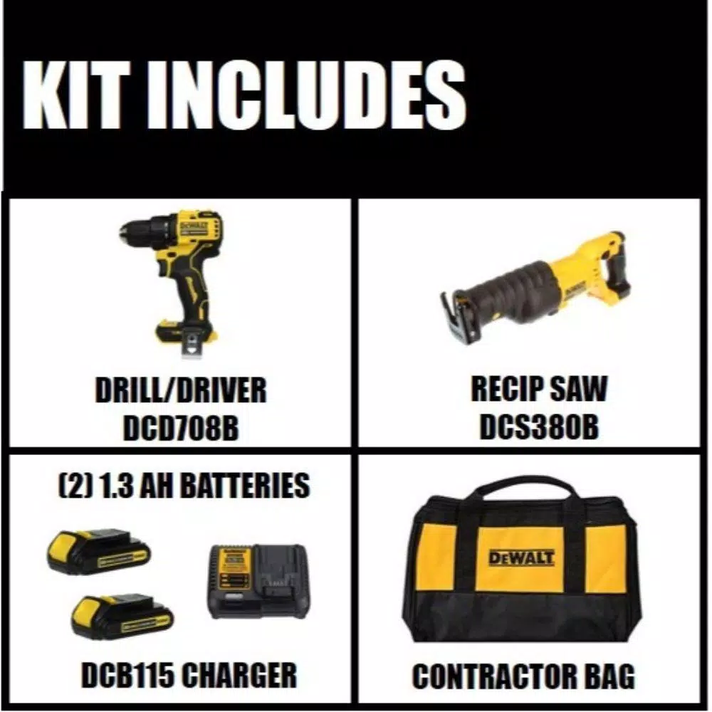 DEWALT 20V MAX ATOMIC Cordless Brushless 1/2 in. Drill/Driver & Reciprocating Saw Kit with (2) 1.3Ah Batteries