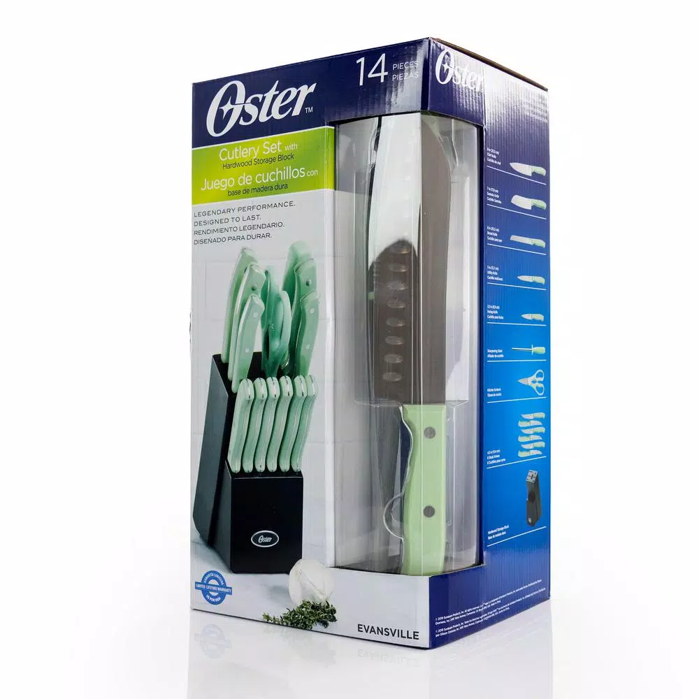 Oster Evansville 14-Piece Stainless Steel Knife Set with Hardwood Block in Turquoise