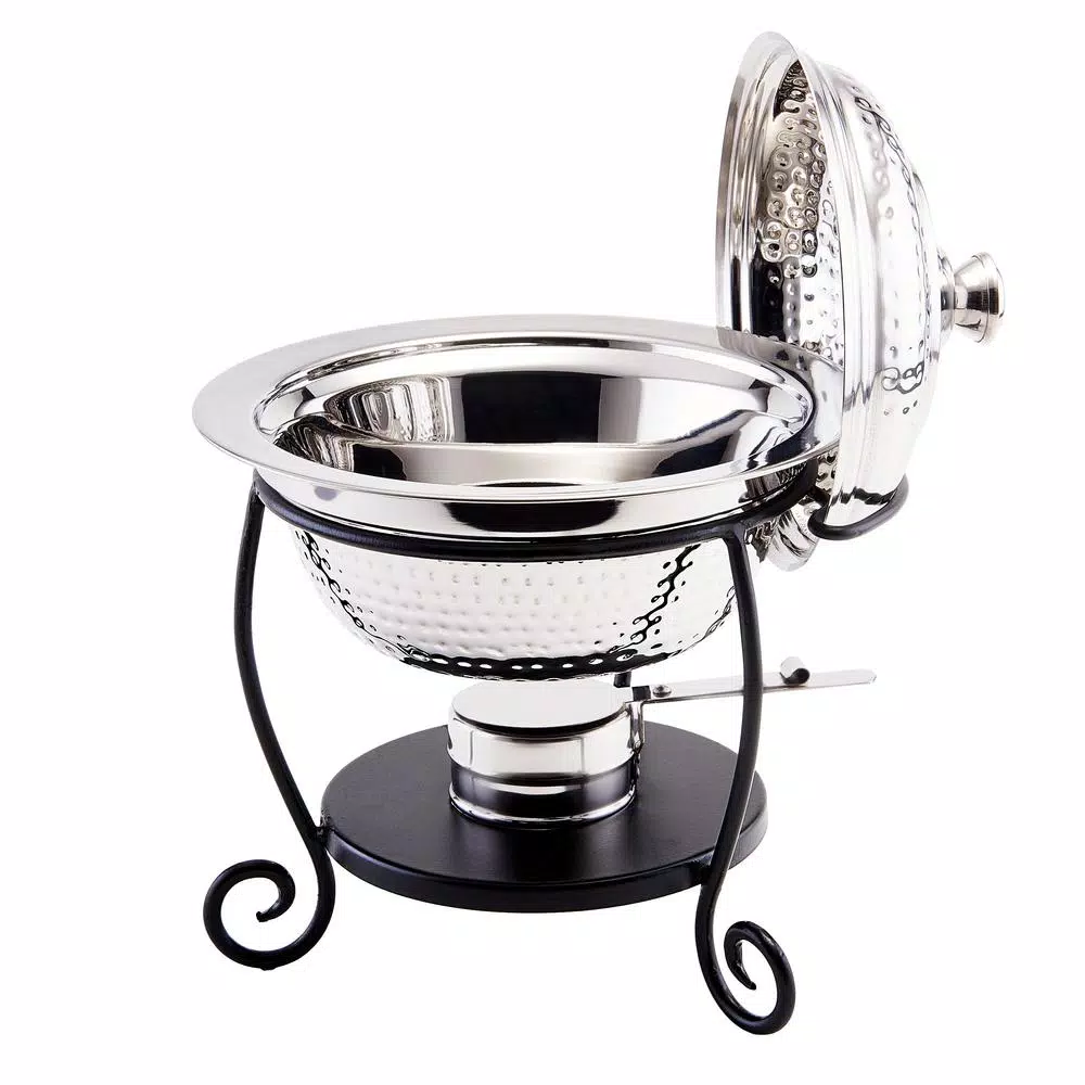Old Dutch 10.5 in. Round Hammered Stainless Steel Chafing Dish with Black Iron Stand, 1.75 Qt.