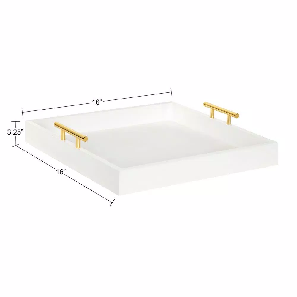 Kate and Laurel Lipton 16 in. White and Gold Decorative Wood Tray with Metal Handles