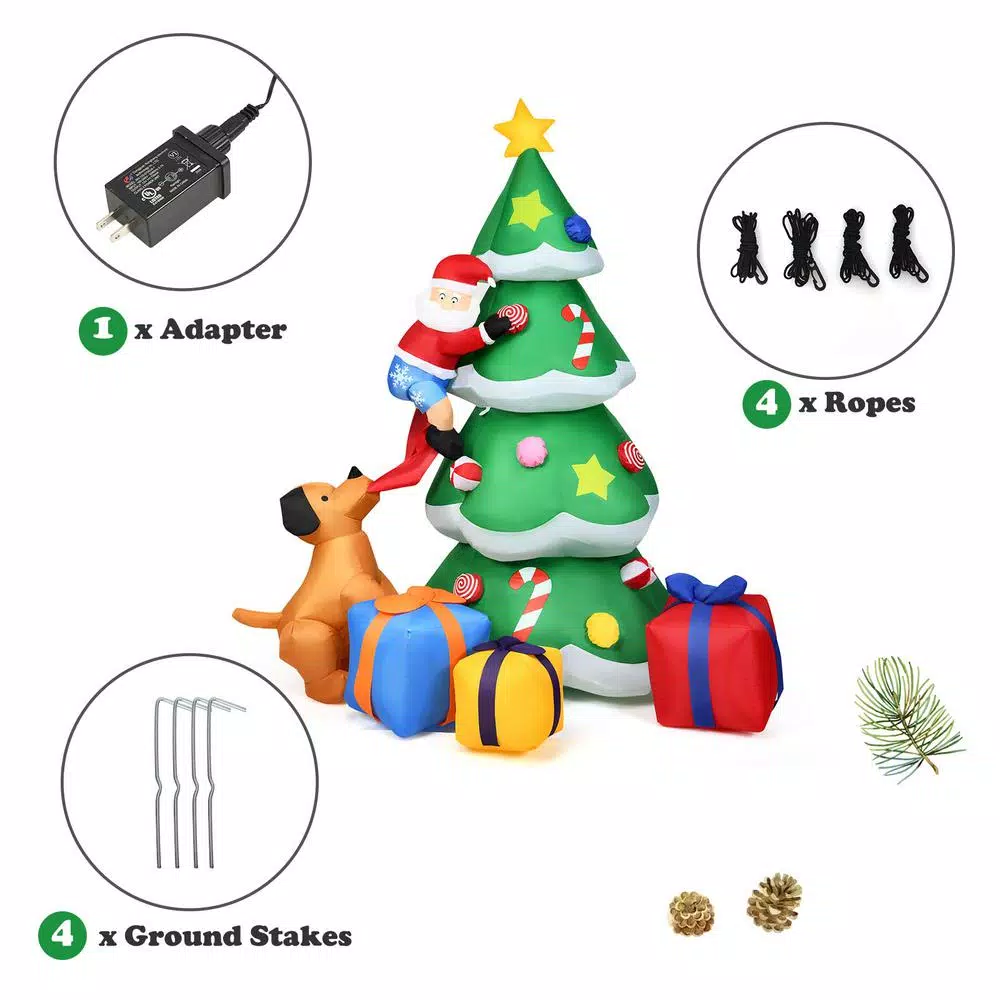 Costway 7 ft. Inflatable Christmas Tree with Santa, Puppy, and LED Lights - Outdoor Holiday Decor