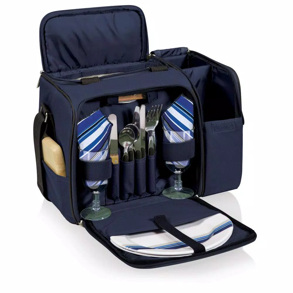 Picnic Time Malibu Navy Wood Picnic Cooler Tote - Insulated Soft-Side Cooler with Deluxe Picnic Service for Two