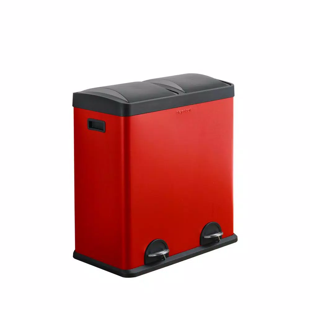 Step N' Sort 16 Gallon Red 2-Compartment Stainless Steel Trash and Indoor Recycling Bin