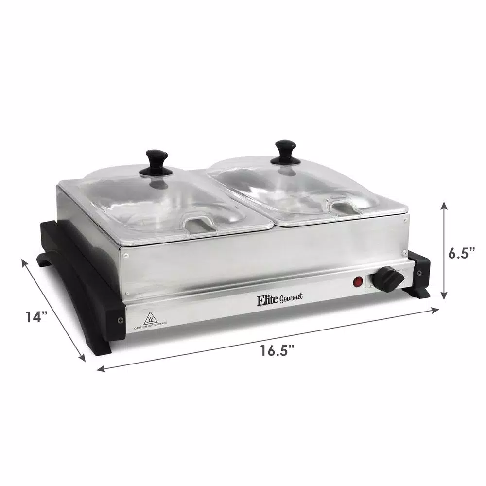 Elite Gourmet 2.5 Qt. Stainless Steel Buffet Server with 2 Crocks and Warming Tray