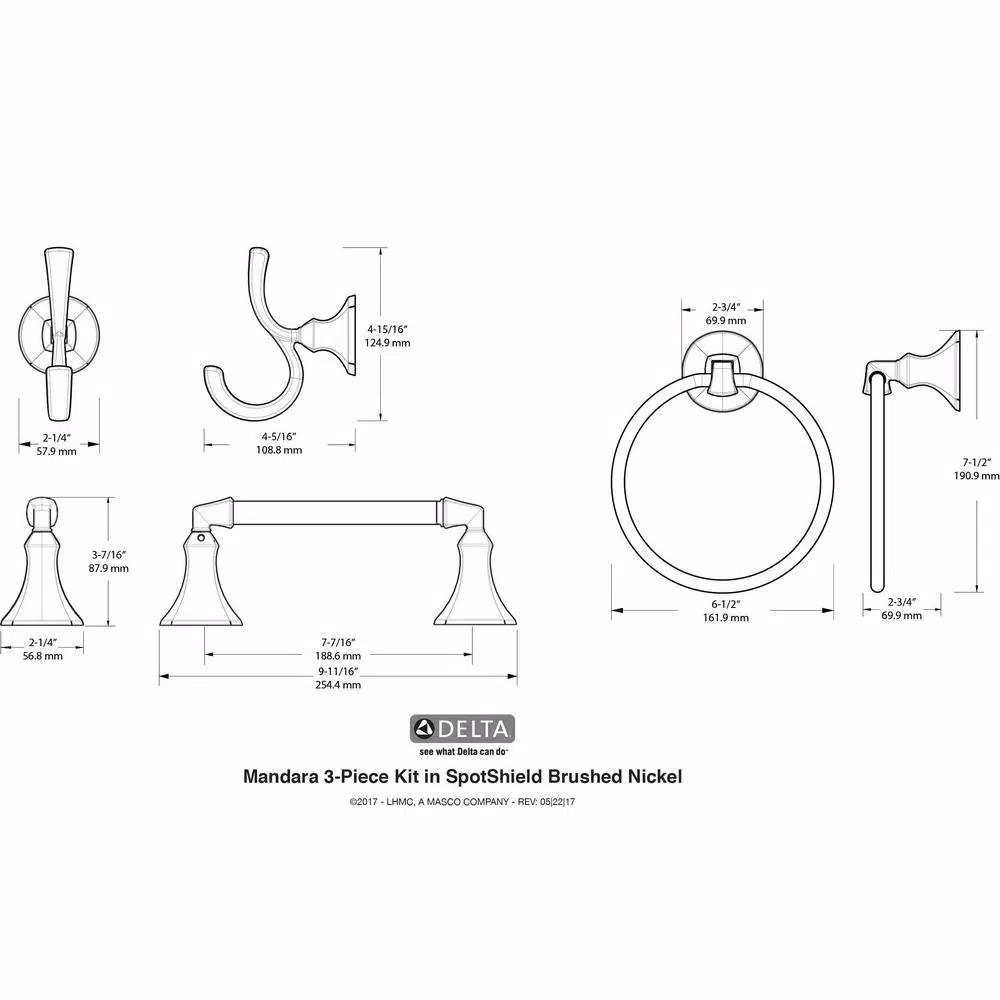 Delta Mandara 3-Piece Brushed Nickel Bath Hardware Set with Towel Bar, Toilet Paper Holder and Towel Ring