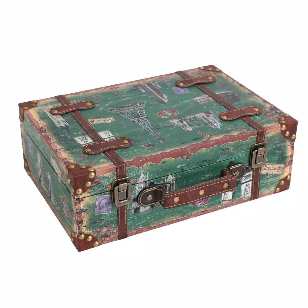 Vintiquewise Set of 2 Vintage-Style World Map Wooden Suitcase Trunks with Leather Straps - Green