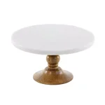 LITTON LANE 10 in. White Marble and Mango Wood Cake Stand, Brown Wood Base thumbnail 2