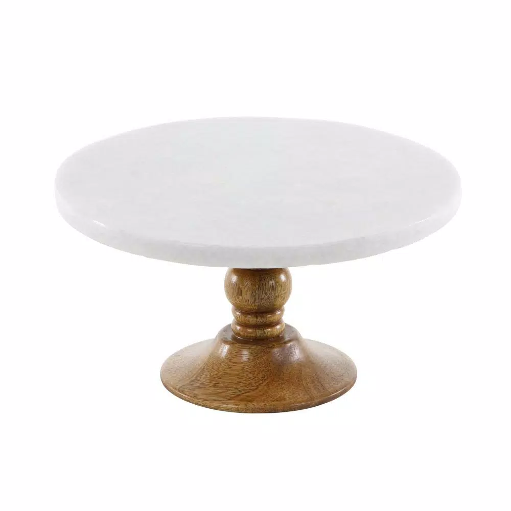 LITTON LANE 10 in. White Marble and Mango Wood Cake Stand, Brown Wood Base