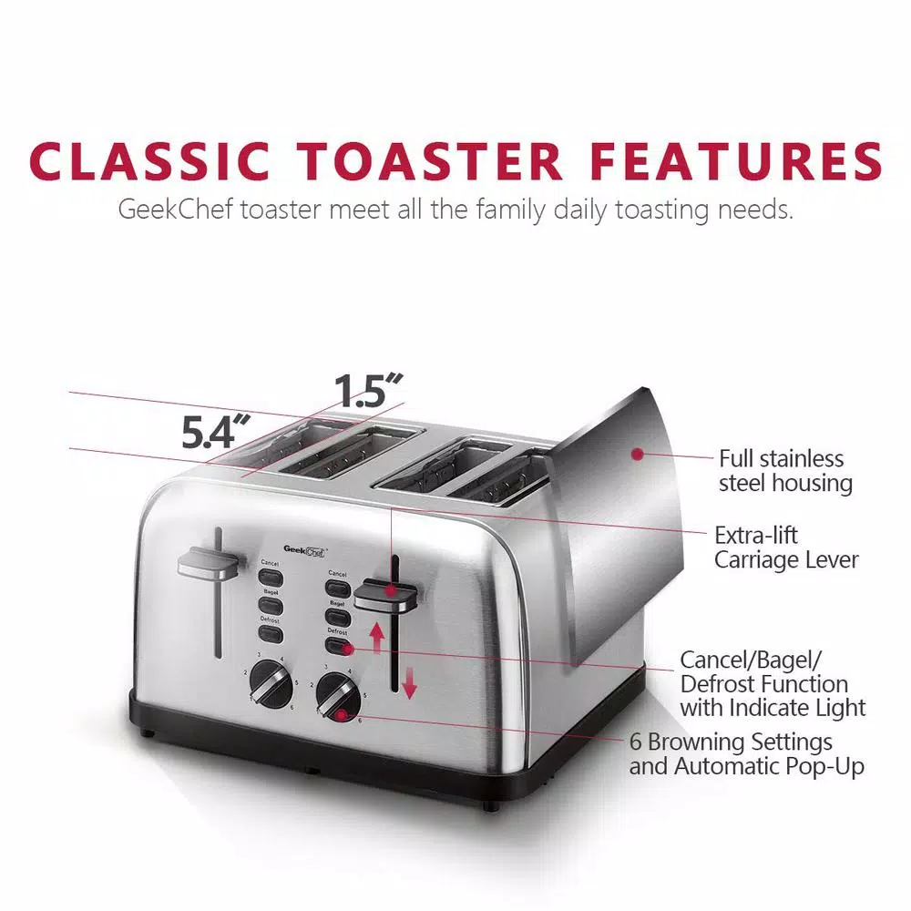 Boyel Living 1500W 4-Slice Wide Slot Toaster with Dual Independent Control Panels, Silver