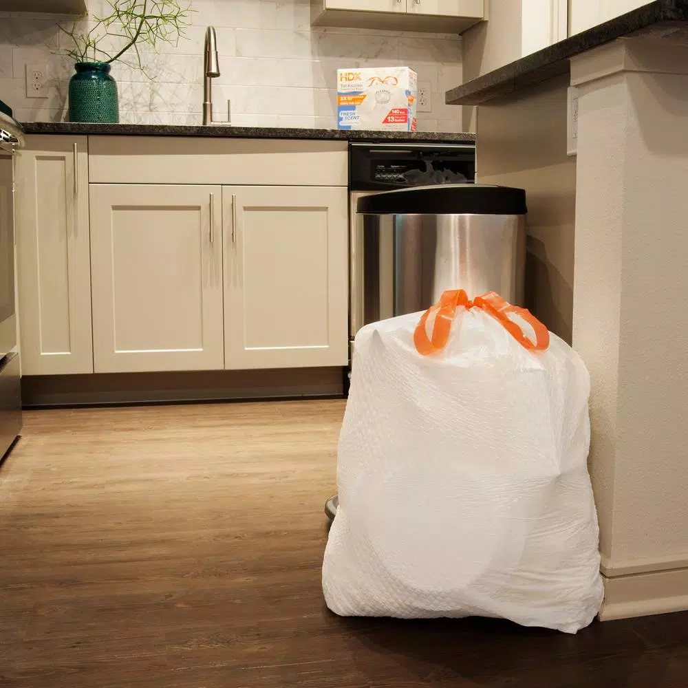 HDX FlexPro 13 Gallon Kitchen Trash Bags with Drawstring, Fresh Scent, 140 Count