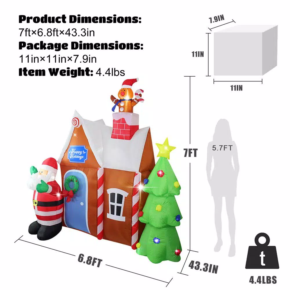 JOYDECOR 7 ft. Santa Claus & Gingerbread House Christmas Inflatable with LED Lights