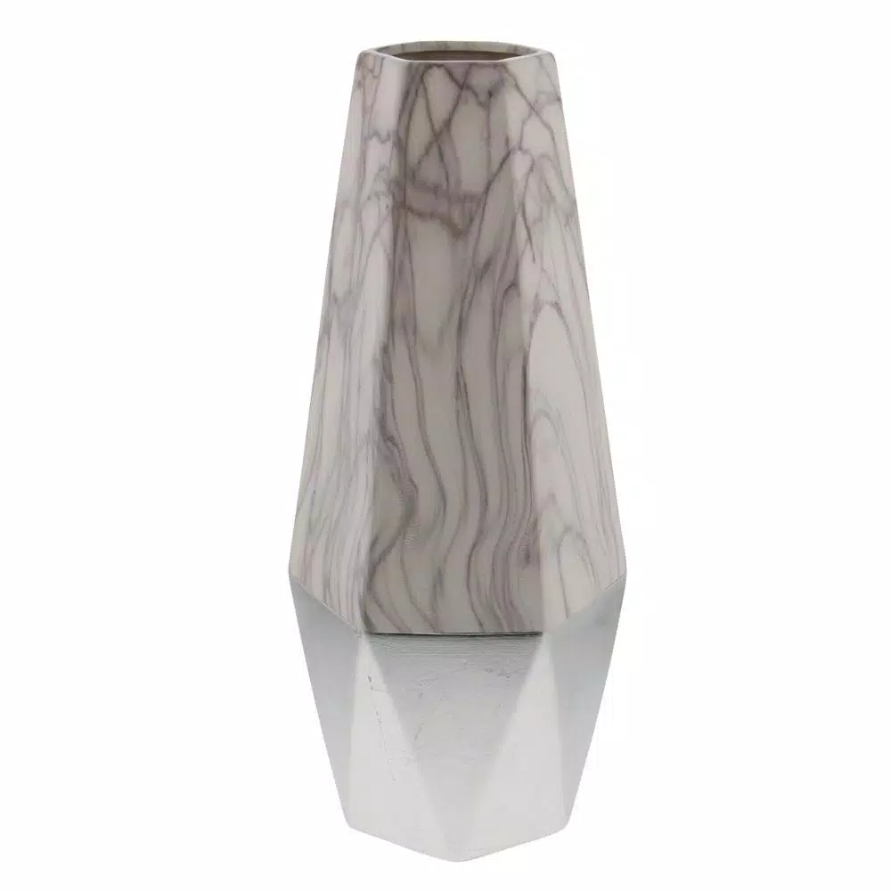 LITTON LANE Modern Reflections 18 in. Ceramic Geometric Vase - White and Silver Marbled Finish