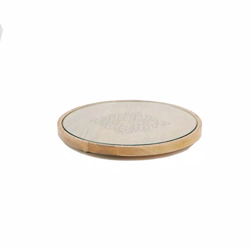 Mind Reader Round Bamboo Cheese Platter with Glass Top - Decorative Wooden Serving Tray